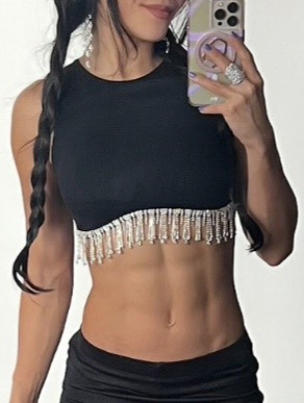 Black Ribbed Rhinestone Fringe Crop Top XS